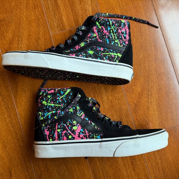 VANS Sk8 Hi Black Pink Neon Paint Splatter Skate Shoes Womens 9 Mens 7.5 Mid. - Picture 3 of 9